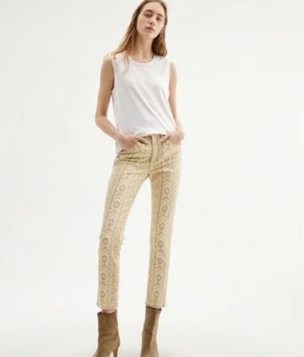 NILI LOTAN Mid Rise Khaki Wallpaper Print Skinny Denim Sz 26 Renaissance Ornate
